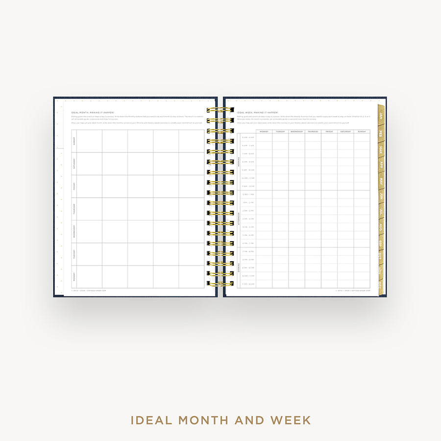 An open spiral-bound planner or calendar showing a monthly and weekly layout page, photographed on a light gray background with the text 'IDEAL MONTH AND WEEK' below.