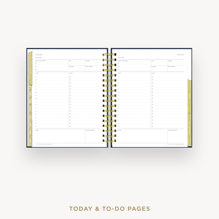 An open spiral-bound planner showing today and to-do pages, photographed on a light gray background with the text 'TODAY & TO-DO PAGES' below.