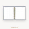 An open spiral-bound planner or agenda showing a favorites list page layout, with two open leaves, gold wire binding, and a gold vertical tab on the left. The words 'FAVORITES LIST' appear below the product on a light gray background.