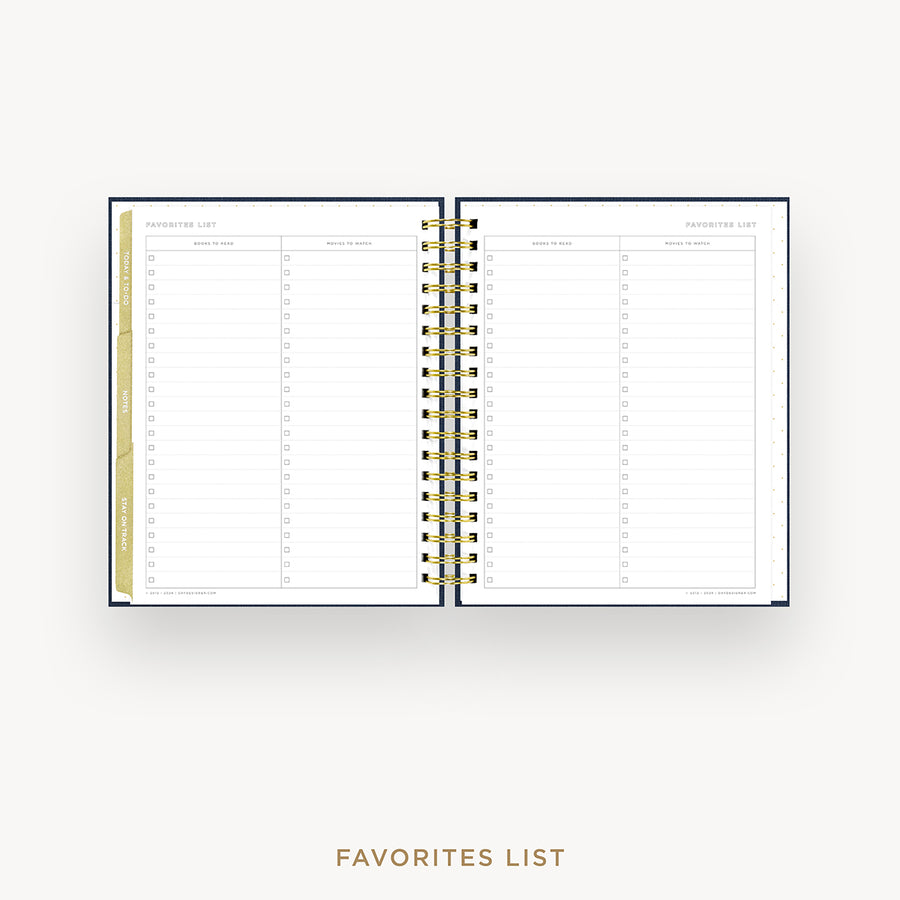An open spiral-bound planner or agenda showing a favorites list page layout, with two open leaves, gold wire binding, and a gold vertical tab on the left. The words 'FAVORITES LIST' appear below the product on a light gray background.