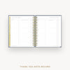 An open spiral-bound thank you note record planner on a light gray background, with the text 'THANK YOU NOTE RECORD' printed below.