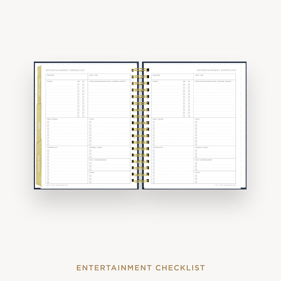 An open spiral-bound planner showing Entertainment Checklist pages, displayed on a light gray background with the text 'ENTERTAINMENT CHECKLIST' underneath.
