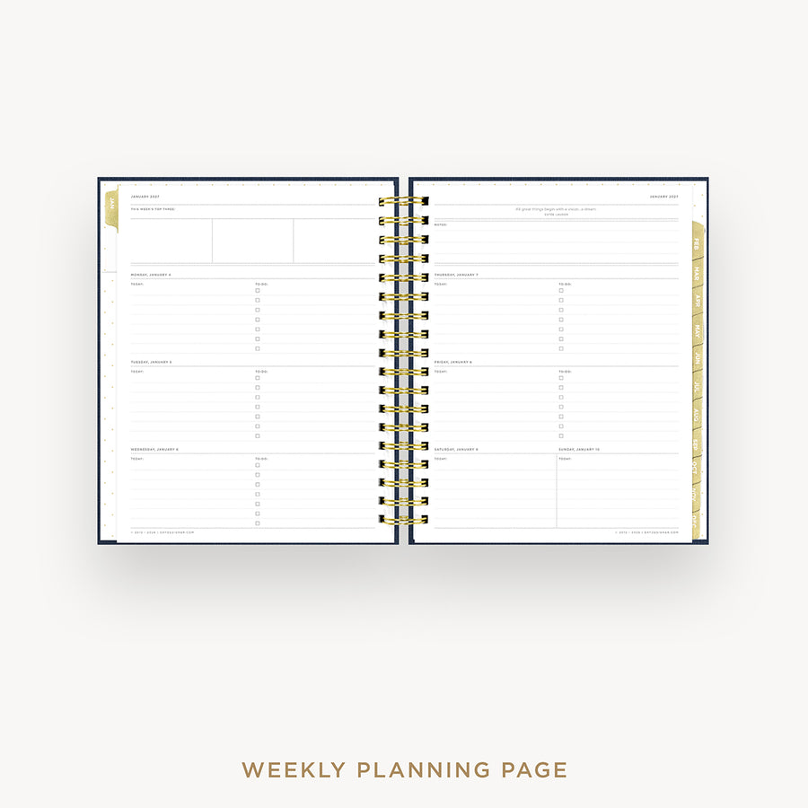 An open spiral-bound weekly planner page with white pages, navy blue binding, and gold accents, shown on a light gray background with the text 'WEEKLY PLANNING PAGE' below.