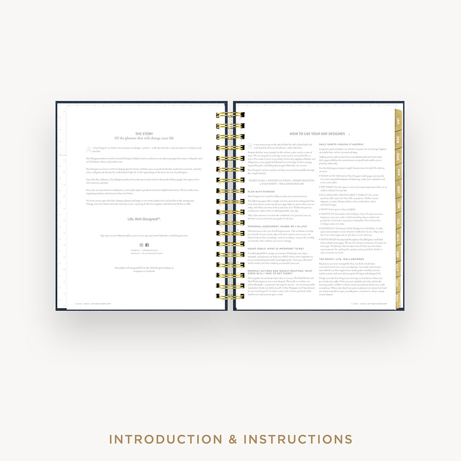 An open spiral-bound booklet or manual with two printed pages shown against a light gray background. The pages contain small black text and a gold vertical strip along the right page edge.