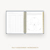 An open spiral-bound workbook showing two pages of self-assessment worksheets, including a checklist table and a Venn diagram, on a light gray background with the text 'SELF-ASSESSMENT WORKSHEETS' below.