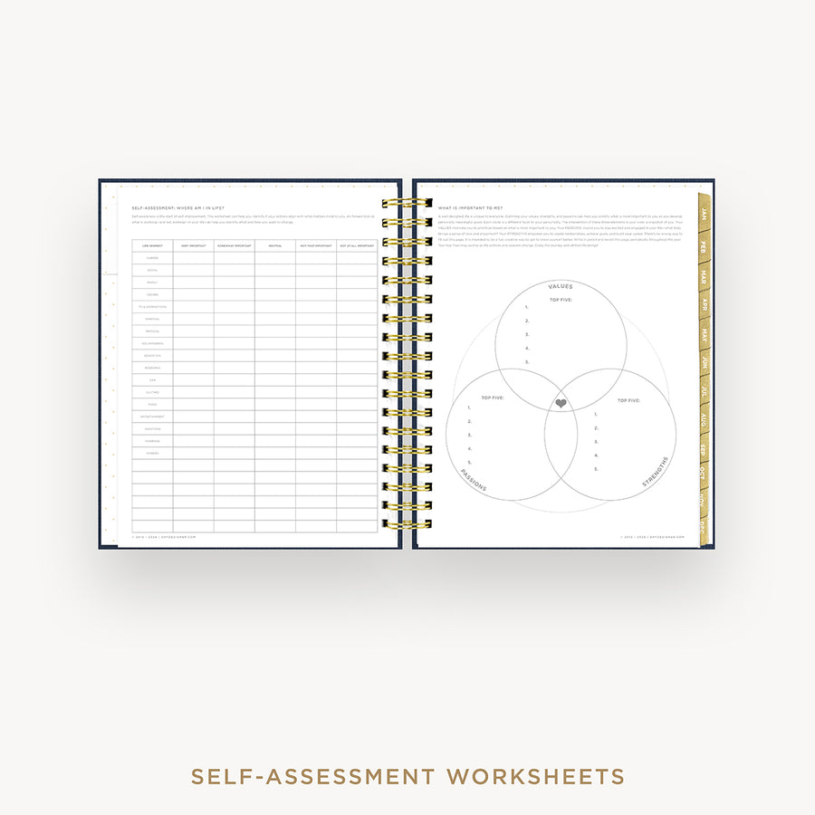 An open spiral-bound workbook showing two pages of self-assessment worksheets, including a checklist table and a Venn diagram, on a light gray background with the text 'SELF-ASSESSMENT WORKSHEETS' below.