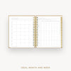 An open spiral-bound planner or calendar showing monthly and weekly layout pages, photographed on a light gray background with the text 'IDEAL MONTH AND WEEK' below.