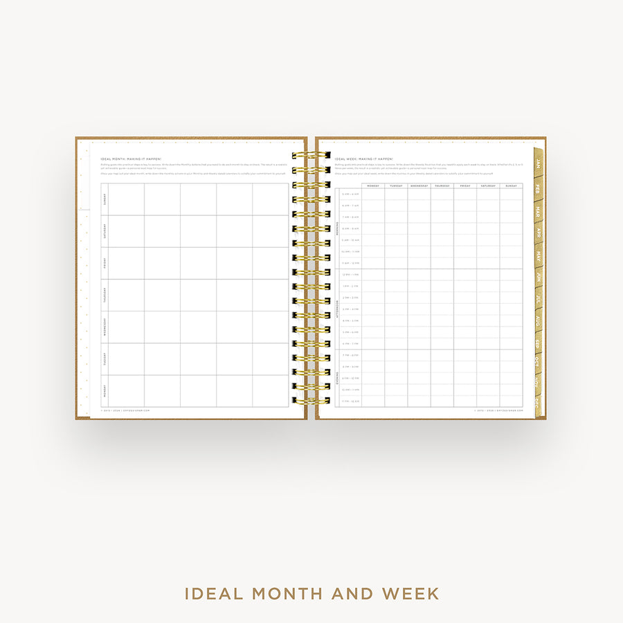 An open spiral-bound planner or calendar showing monthly and weekly layout pages, photographed on a light gray background with the text 'IDEAL MONTH AND WEEK' below.