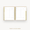 An open spiral-bound planner showing today and to-do pages, with a gold wire binding and gold page borders on a light gray background. Text below reads 'TODAY & TO-DO PAGES'.