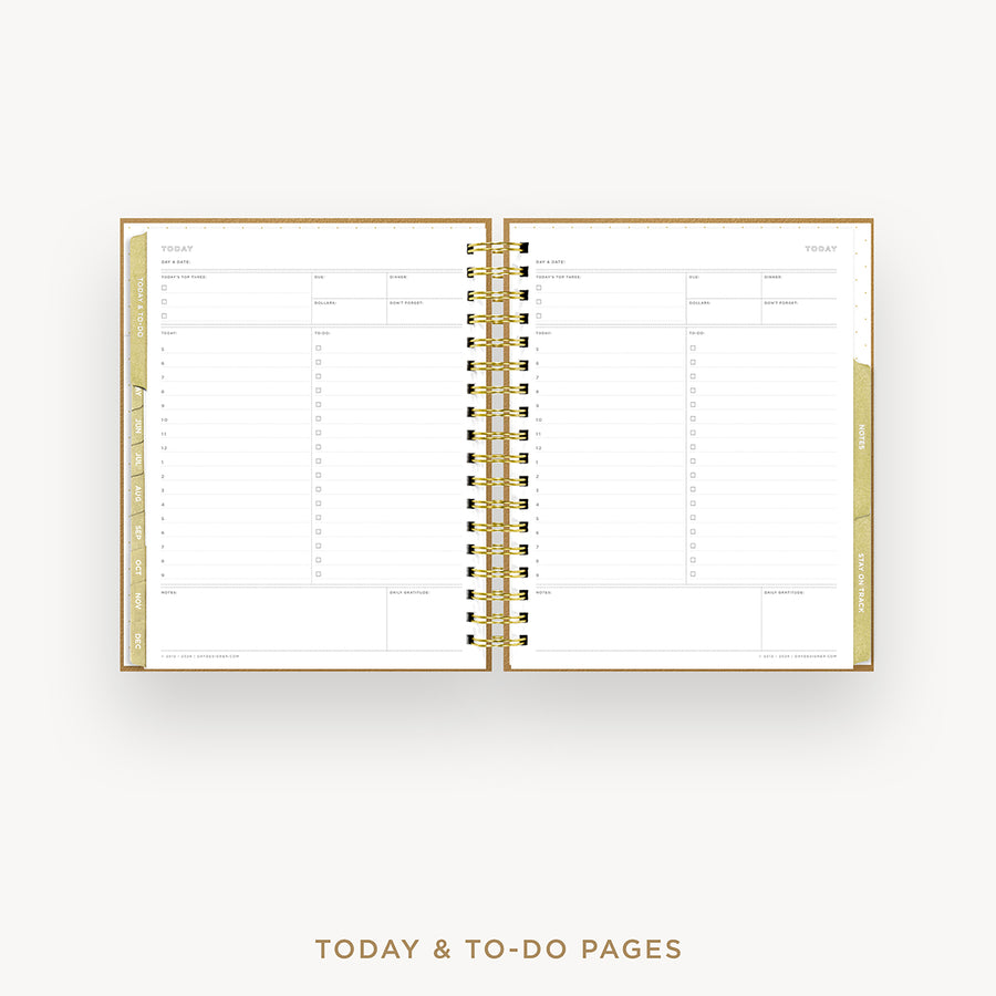 An open spiral-bound planner showing today and to-do pages, with a gold wire binding and gold page borders on a light gray background. Text below reads 'TODAY & TO-DO PAGES'.