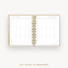 An open spiral-bound planner or notebook with gold rings and a gold page border, showing two white interior spreads titled 'GIFT IDEAS TO REMEMBER' on a light gray background. Text below reads 'GIFT IDEAS TO REMEMBER'.