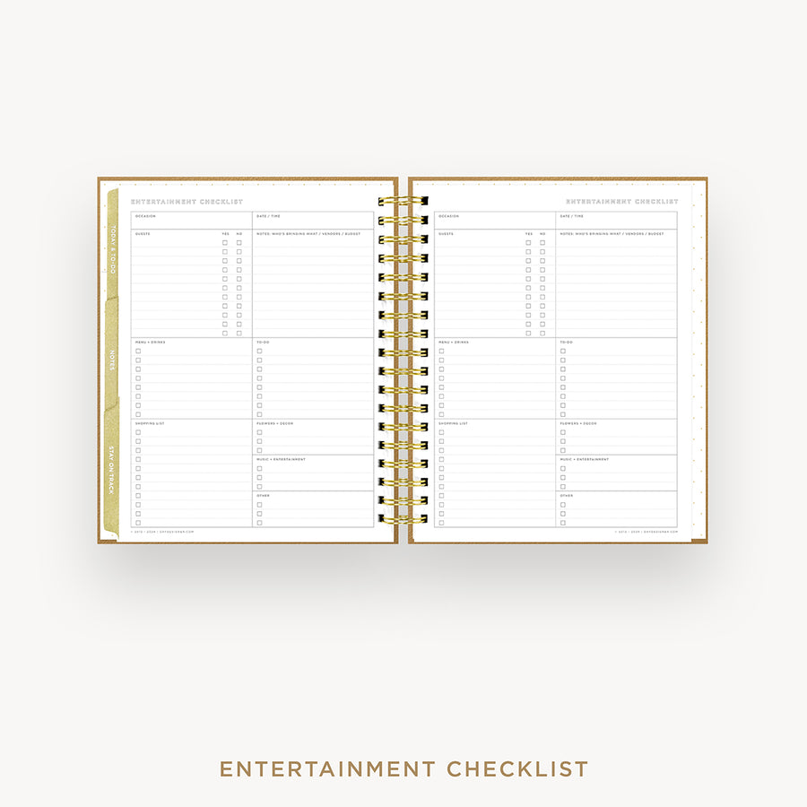 An open spiral-bound planner or checklist book showing two printed interior pages titled 'ENTERTAINMENT CHECKLIST' on a light gray background, with the same title printed below.