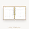 An open spiral-bound weekly planner page with gold-toned binding and gold accent tabs, shown on a light gray background with the text 'WEEKLY PLANNING PAGE' below.