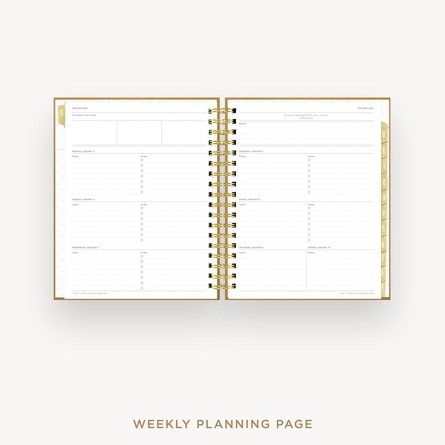 An open spiral-bound weekly planner page with gold-toned binding and gold accent tabs, shown on a light gray background with the text 'WEEKLY PLANNING PAGE' below.
