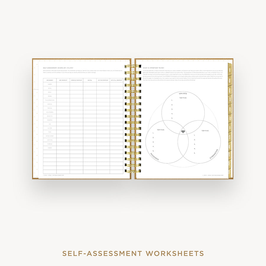 An open spiral-bound workbook showing two printed worksheet pages: a table on the left and a Venn diagram on the right, with the text 'SELF-ASSESSMENT WORKSHEETS' below on a light gray background.
