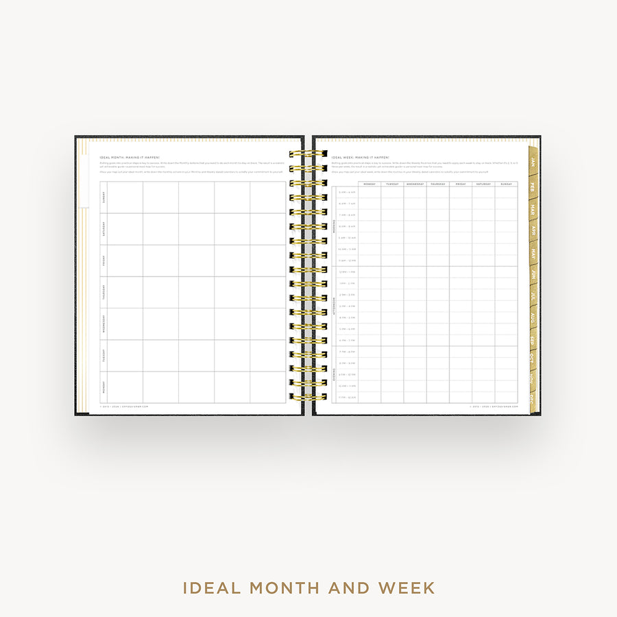 An open spiral-bound planner or agenda showing two white interior pages with grid tables, photographed on a light gray background. Gold-toned ring binding is visible, and the text 'IDEAL MONTH AND WEEK' appears below the product.