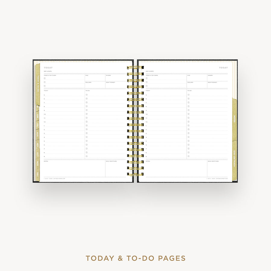 An open spiral-bound planner showing today and to-do pages, photographed on a clean white background with the text 'TODAY & TO-DO PAGES' below.