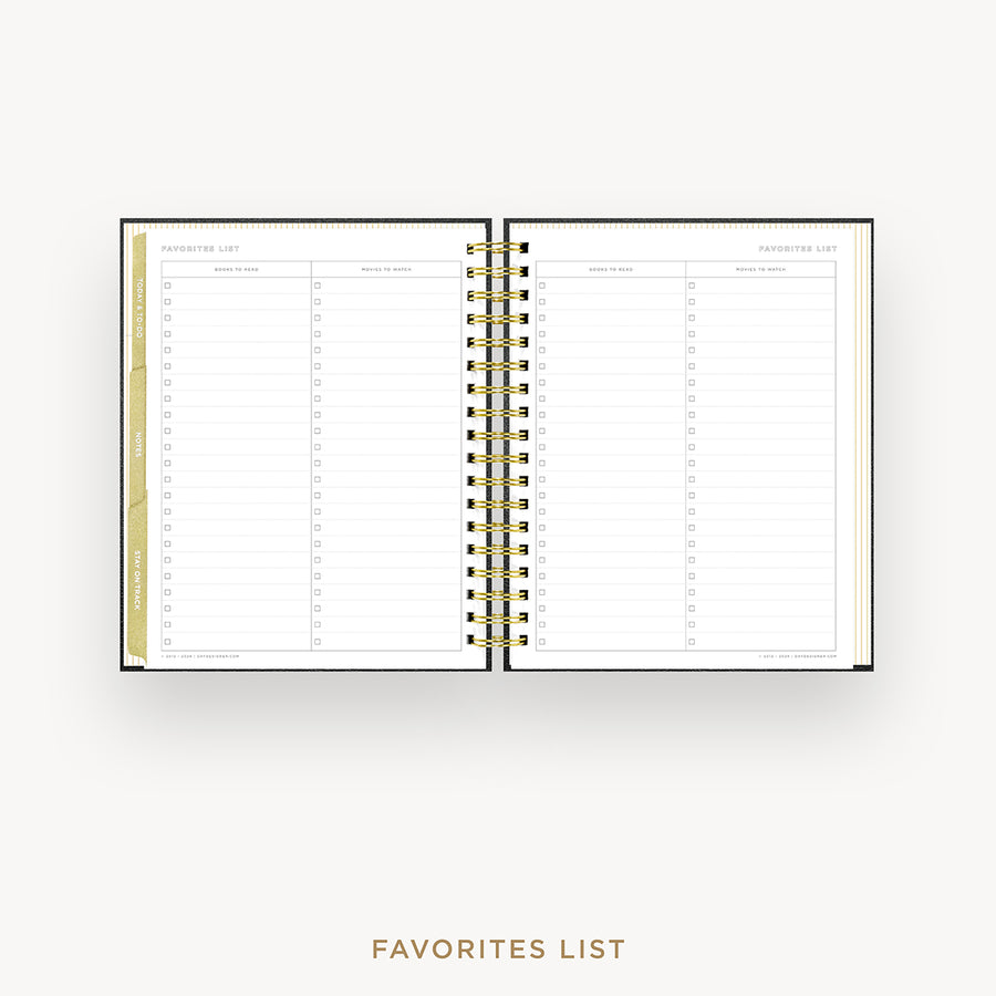 An open spiral-bound planner insert showing a favorites list page layout with gold rings and a gold vertical tab, centered on a light gray background with the text 'FAVORITES LIST' below.