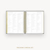 An open spiral-bound planner or notebook showing a packing checklist page spread across both pages, with gold rings and a gold vertical tab on the left. The text 'PACKING CHECKLIST' appears below on a light gray background.