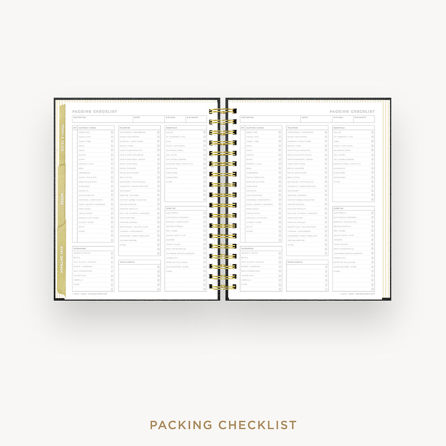 An open spiral-bound planner or notebook showing a packing checklist page spread across both pages, with gold rings and a gold vertical tab on the left. The text 'PACKING CHECKLIST' appears below on a light gray background.