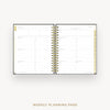 An open spiral-bound weekly planner page with white pages, black text lines, and gold accents, shown on a light gray background with the text 'WEEKLY PLANNING PAGE' below.