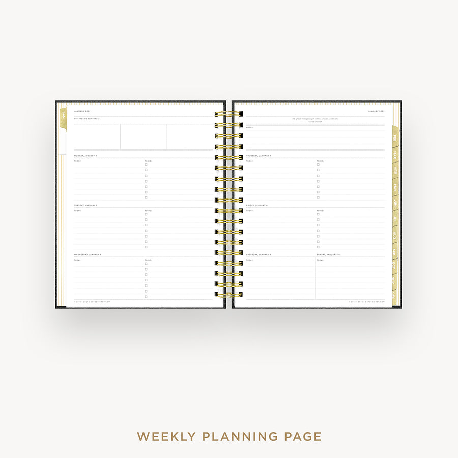 An open spiral-bound weekly planner page with white pages, black text lines, and gold accents, shown on a light gray background with the text 'WEEKLY PLANNING PAGE' below.