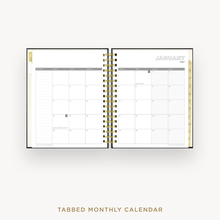 An open tabbed monthly calendar with a gold spiral binding, showing a January 2027 calendar spread on a light gray background with the text 'TABBED MONTHLY CALENDAR' below.