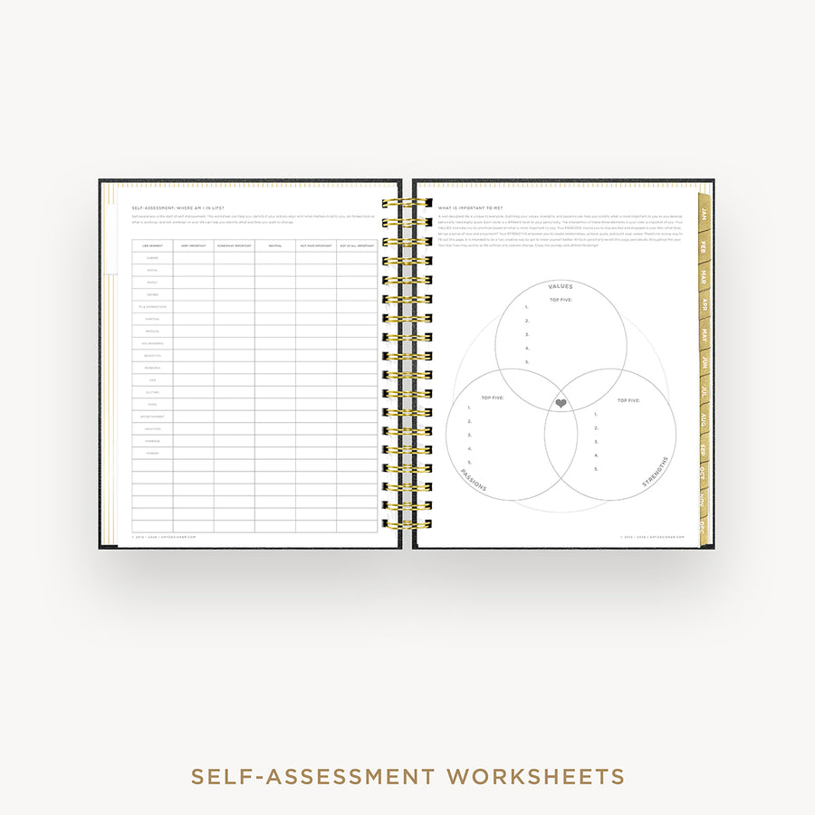 An open spiral-bound workbook showing two printed worksheet pages: a table on the left and a Venn diagram on the right, with the text 'SELF-ASSESSMENT WORKSHEETS' below on a light neutral background.