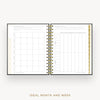 An open spiral-bound planner or agenda showing two white interior pages with grid tables for monthly and weekly planning, set against a light gray background with the text 'IDEAL MONTH AND WEEK' below.