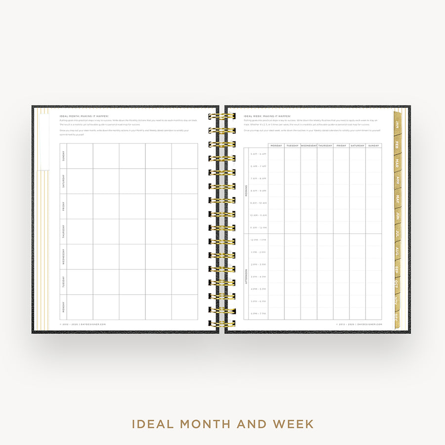 An open spiral-bound planner or agenda showing two white interior pages with grid tables for monthly and weekly planning, set against a light gray background with the text 'IDEAL MONTH AND WEEK' below.