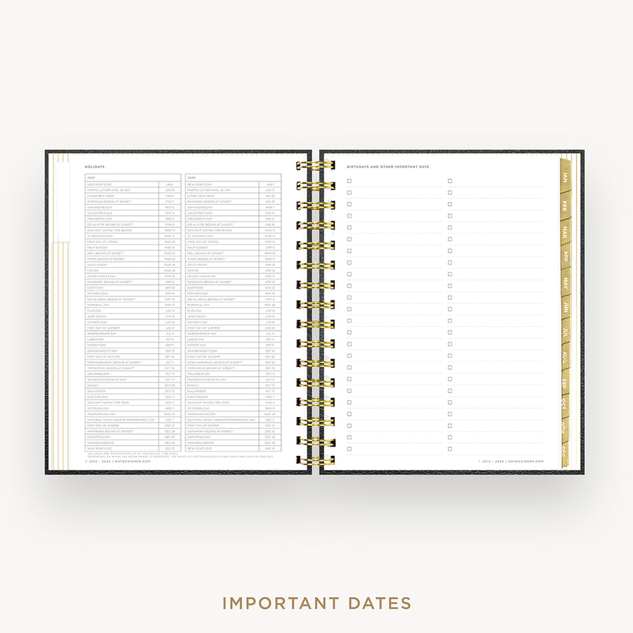 An open spiral-bound planner or agenda showing a detailed monthly calendar page with columns for dates and notes, plus a gold-toned vertical tab on the right. The pages are white with fine gray text, and the product is photographed on a light neutral background with the words 'IMPORTANT DATES' below.