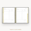 An open spiral-bound planner showing today and to-do pages, photographed from above on a light gray background with the text 'TODAY & TO-DO PAGES' below.