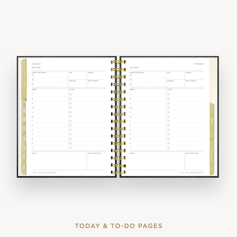 An open spiral-bound planner showing today and to-do pages, photographed from above on a light gray background with the text 'TODAY & TO-DO PAGES' below.