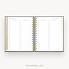 An open spiral-bound planner or notebook showing two lined 'Favorites List' pages with checkboxes, photographed on a clean white background with the text 'FAVORITES LIST' below.