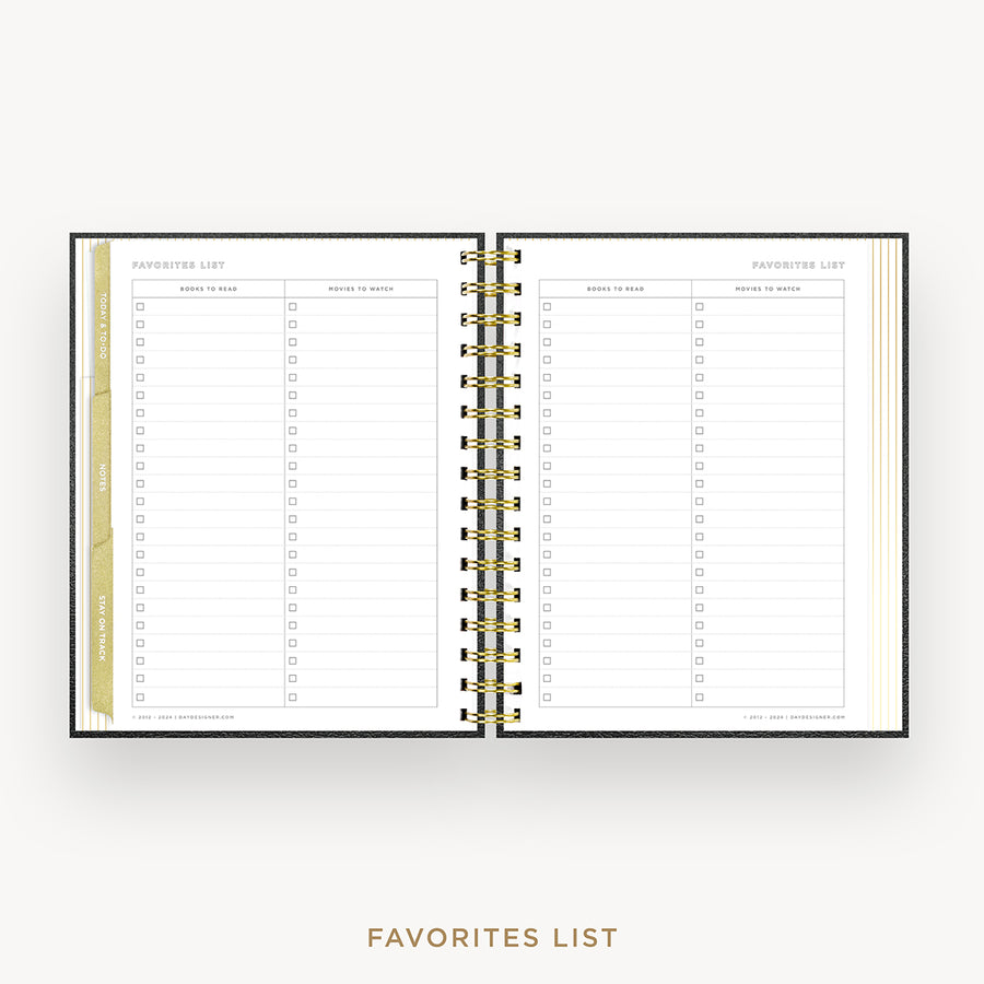 An open spiral-bound planner or notebook showing two lined 'Favorites List' pages with checkboxes, photographed on a clean white background with the text 'FAVORITES LIST' below.