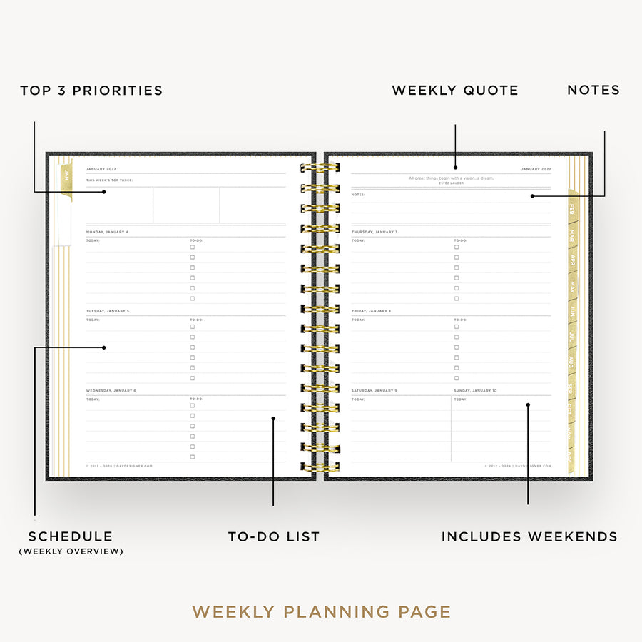 An open spiral-bound weekly planner page shown on a light gray background with callout labels pointing to sections such as top 3 priorities, weekly quote, notes, schedule, to-do list, and includes weekends.