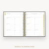 An open spiral-bound weekly planner page set displayed on a light gray background, with the text 'WEEKLY PLANNING PAGE' below.