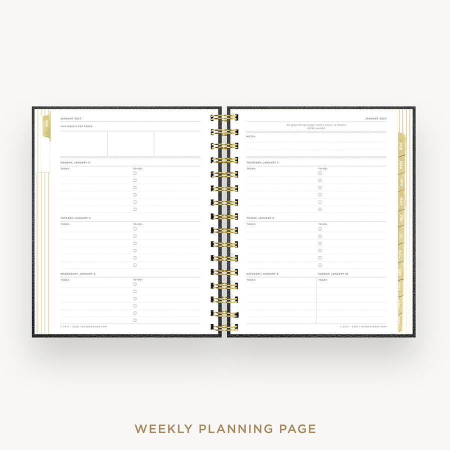 An open spiral-bound weekly planner page set displayed on a light gray background, with the text 'WEEKLY PLANNING PAGE' below.