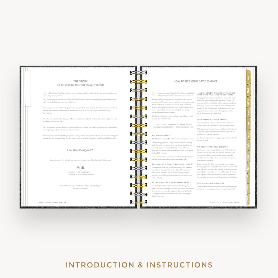 An open spiral-bound booklet or planner showing printed introduction and instructions pages, centered on a light gray background with the text 'INTRODUCTION & INSTRUCTIONS' below.