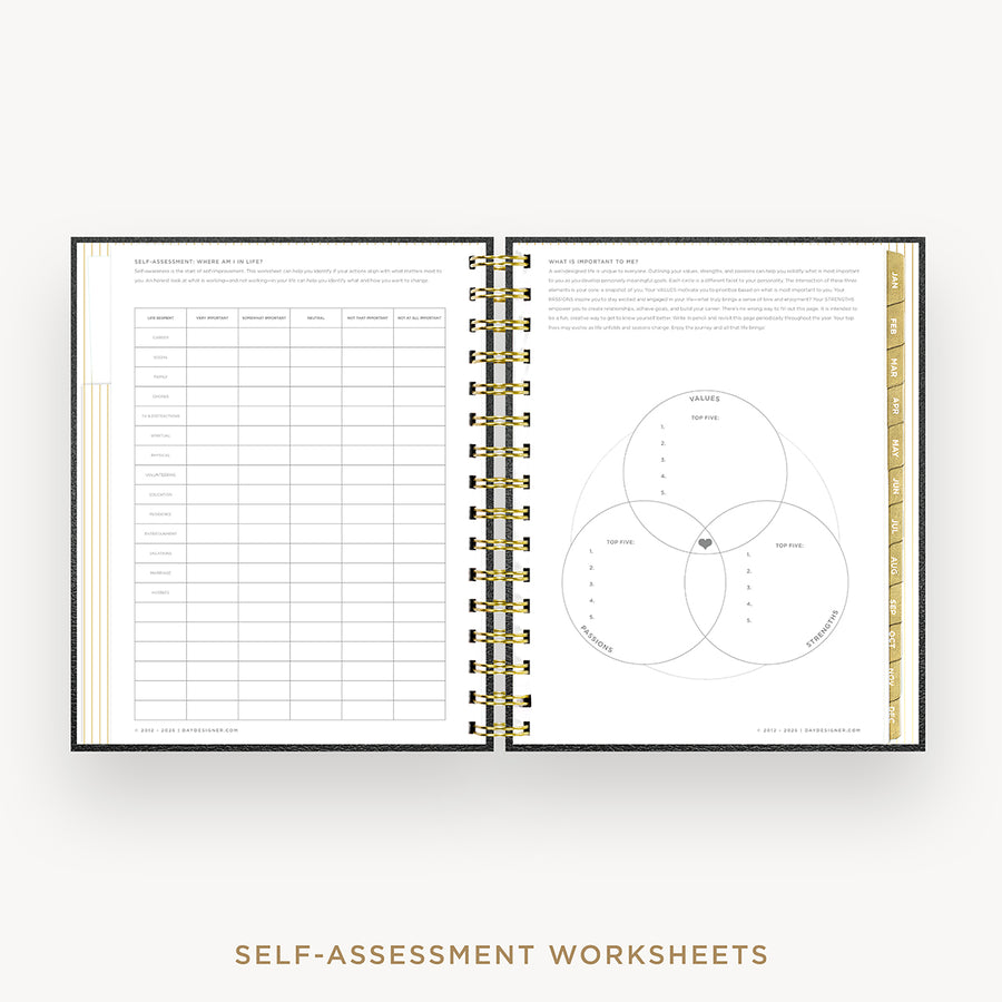 An open spiral-bound workbook showing self-assessment worksheet pages, including a table on the left and a Venn diagram on the right, with gold vertical tabs along the right edge. The text 'SELF-ASSESSMENT WORKSHEETS' appears below on a light neutral background.