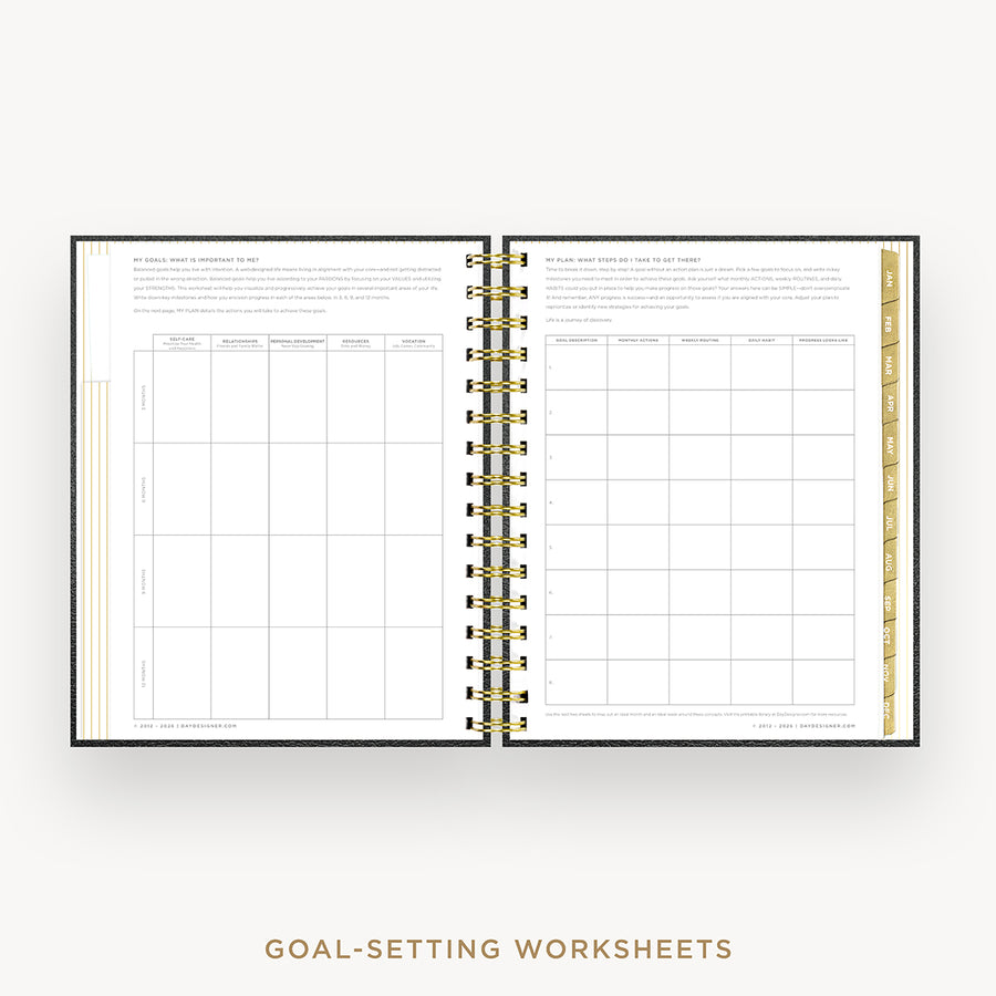 An open spiral-bound planner or notebook showing two pages of goal-setting worksheets with gold-toned binding and a gold vertical index strip on the right. The text 'GOAL-SETTING WORKSHEETS' appears below on a light gray background.