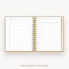 An open spiral-bound planner or agenda with gold rings, showing white pages with grid tables and gold page edges, centered on a light gray background with the text 'IDEAL MONTH AND WEEK' below.