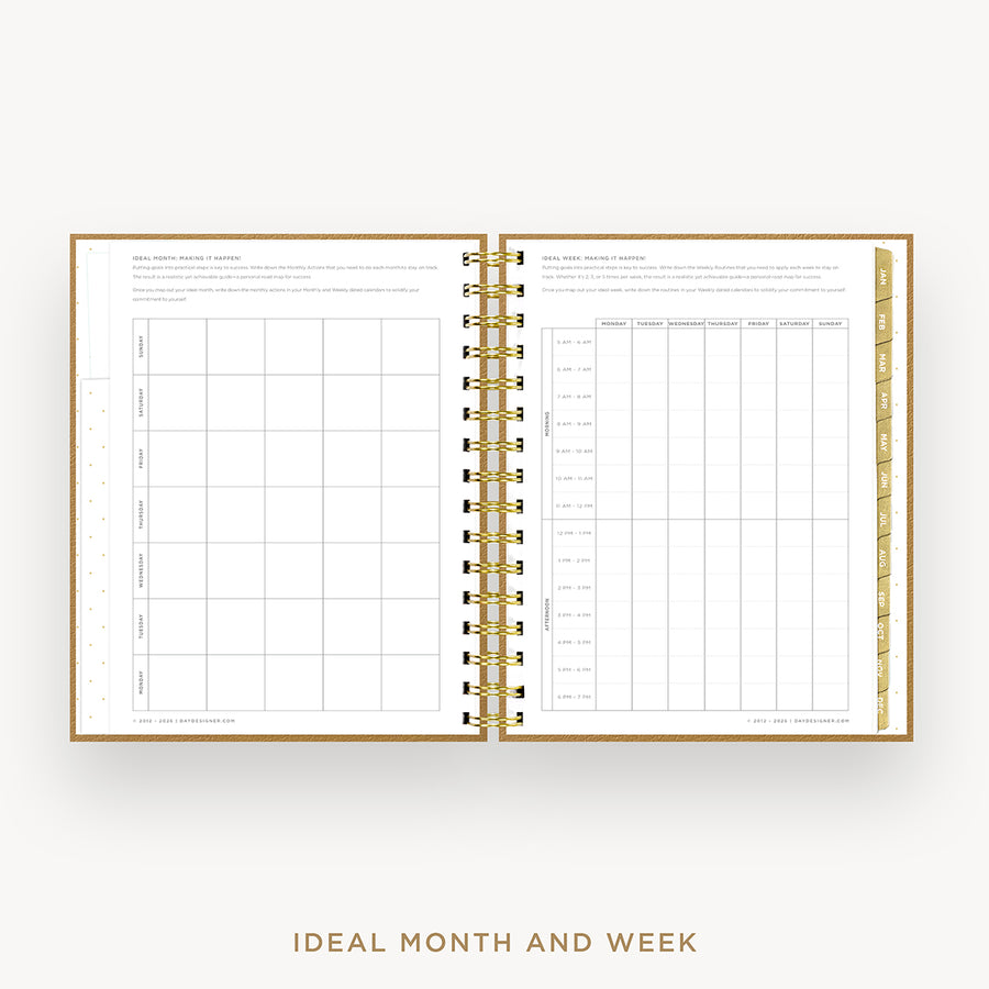 An open spiral-bound planner or agenda with gold rings, showing white pages with grid tables and gold page edges, centered on a light gray background with the text 'IDEAL MONTH AND WEEK' below.