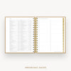 An open spiral-bound planner or calendar showing a monthly calendar page on the left and a weekly schedule layout on the right, with gold rings and a gold vertical tab on the right edge. The words 'IMPORTANT DATES' appear below on a light gray background.