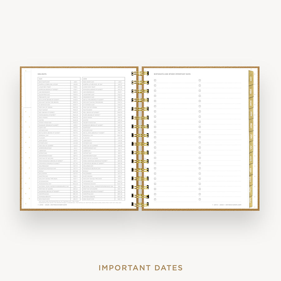 An open spiral-bound planner or calendar showing a monthly calendar page on the left and a weekly schedule layout on the right, with gold rings and a gold vertical tab on the right edge. The words 'IMPORTANT DATES' appear below on a light gray background.