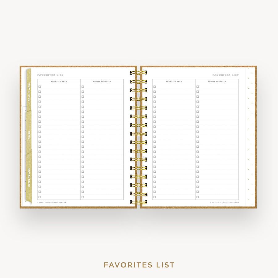 An open spiral-bound planner or notebook showing two lined pages titled 'FAVORITES LIST' on a light gray background, with the same title printed below.