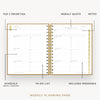 An open spiral-bound planner showing a weekly planning page layout with labeled callouts for top 3 priorities, weekly quote, notes, schedule, to-do list, and includes weekends on a light neutral background.