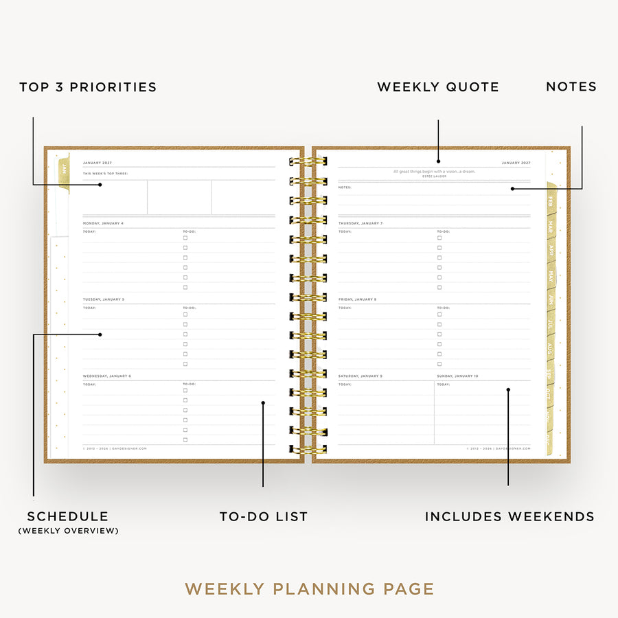 An open spiral-bound planner showing a weekly planning page layout with labeled callouts for top 3 priorities, weekly quote, notes, schedule, to-do list, and includes weekends on a light neutral background.