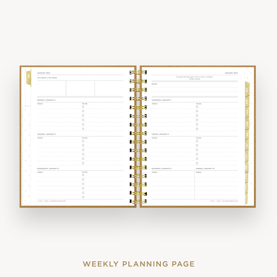 An open spiral-bound weekly planner page set displayed on a light gray background, with the text 'WEEKLY PLANNING PAGE' below. The planner has white pages with gold metallic rings and subtle gold accents.