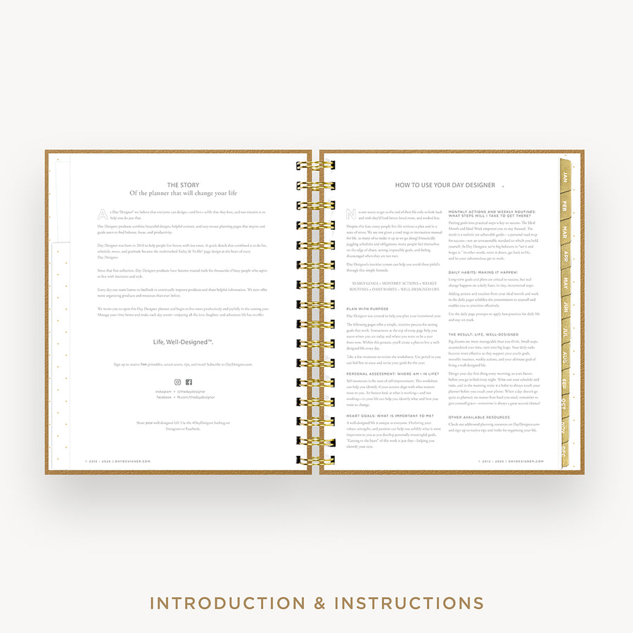 An open spiral-bound booklet with gold rings and printed pages titled 'Introduction & Instructions,' shown on a light gray background.